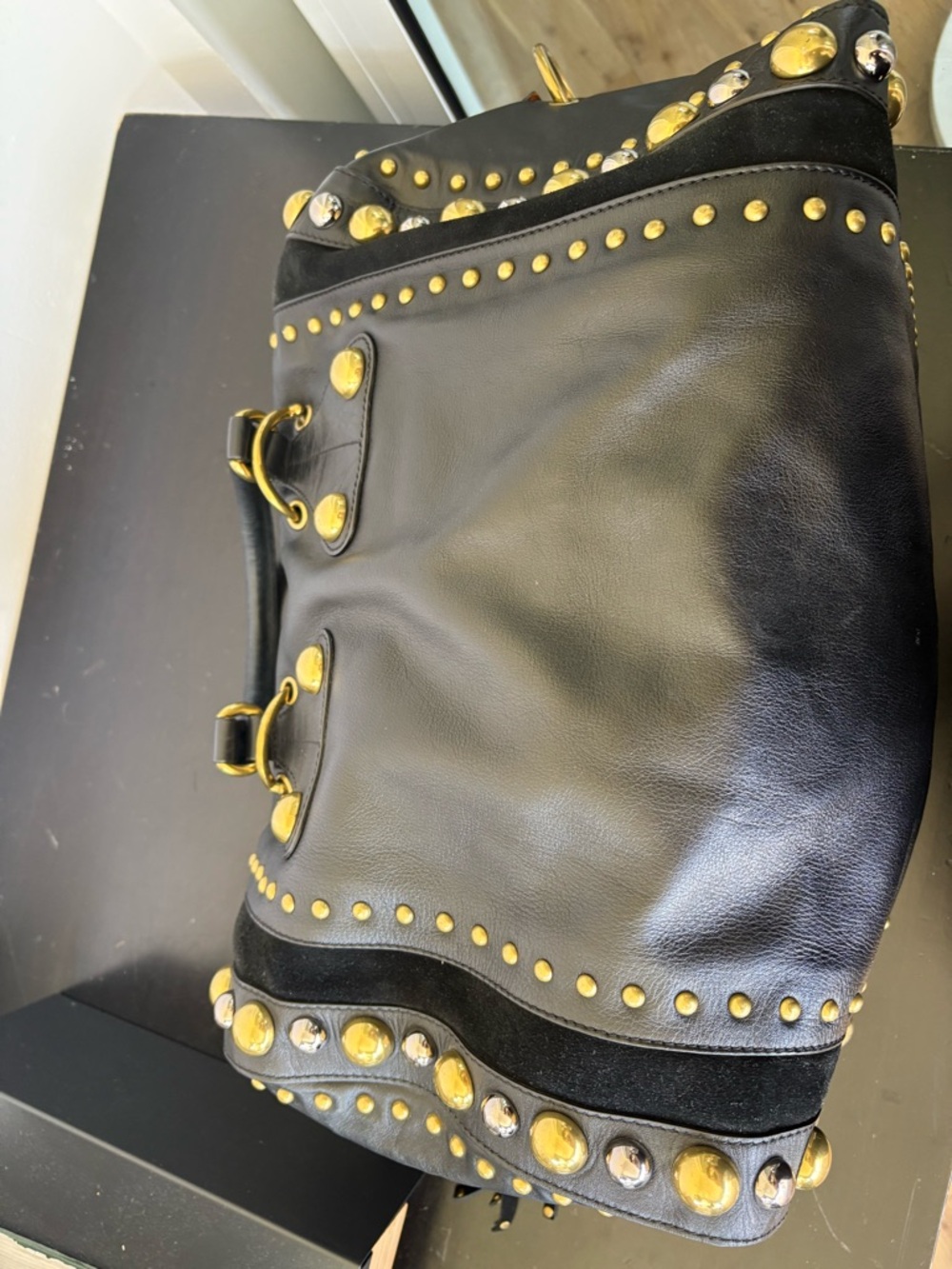 Gucci Black Leather Hobo with Gold Stud Accents
